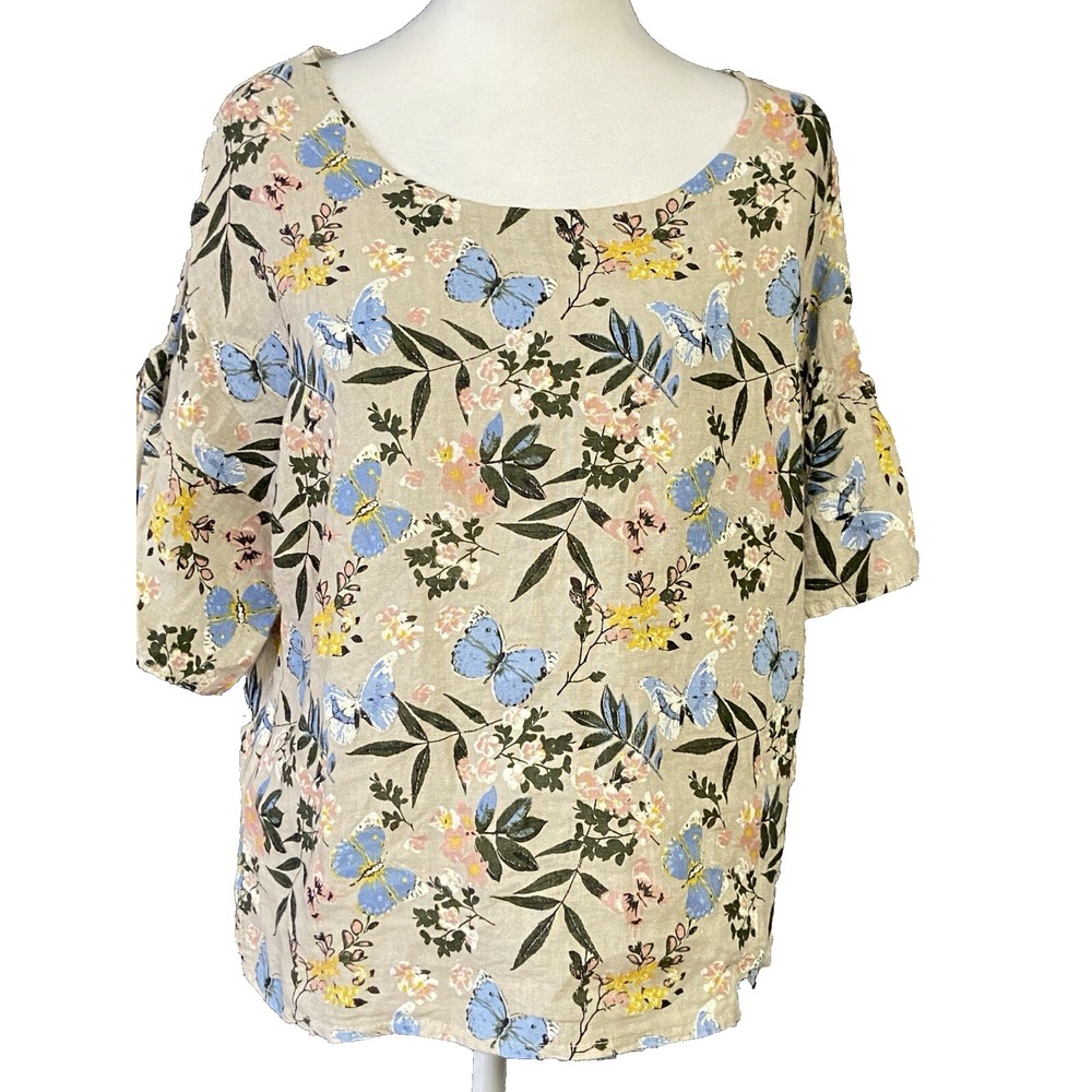 Viola Borghi Womens Linen Blouse‎ Beige Floral Long Sleeve Small Italy